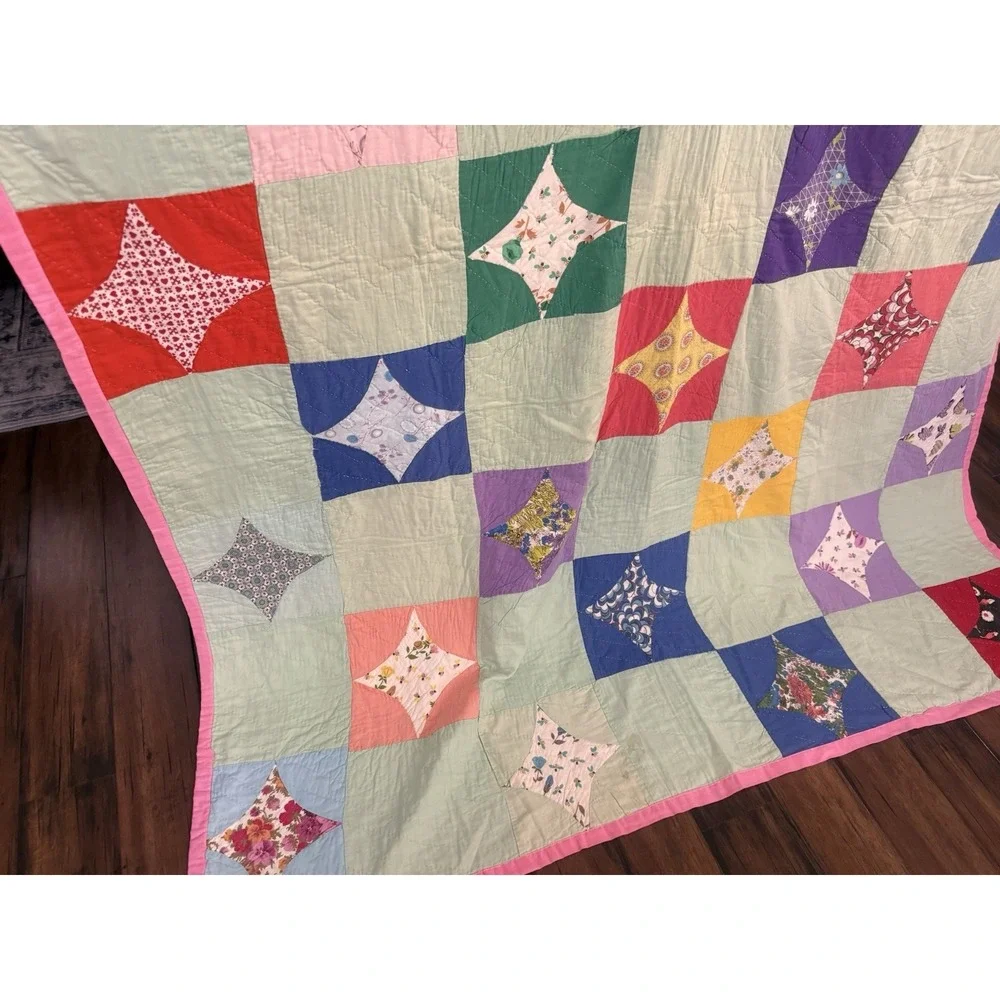VTG Handmade Patchwork Quilt Diamond Floral Star‎ Pattern Boho Farmhouse 60x74